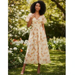 EN SAISON  Florence Ruched Floral Midi A-Line Dress - Peach Taupe